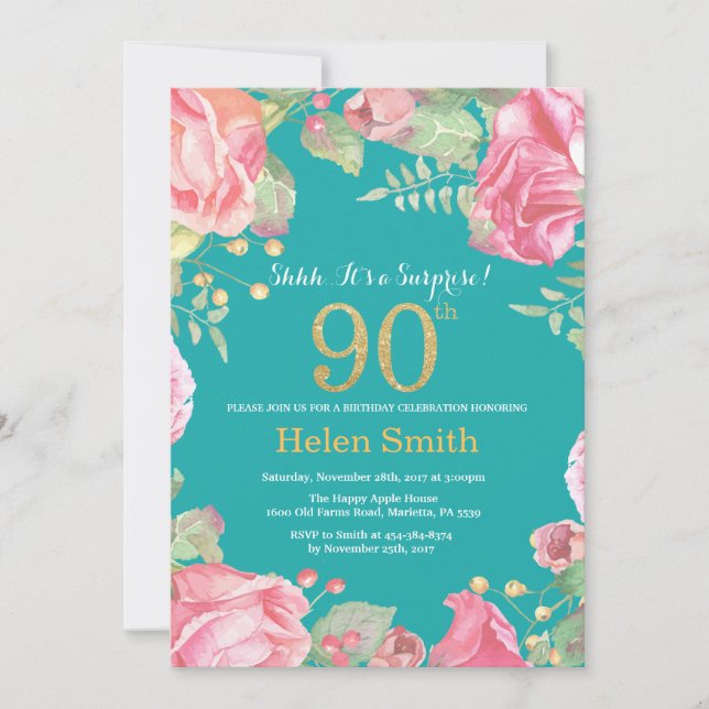 Invitation Floral Surprise 90e anniversaire Gold et Turquoise (Devant)