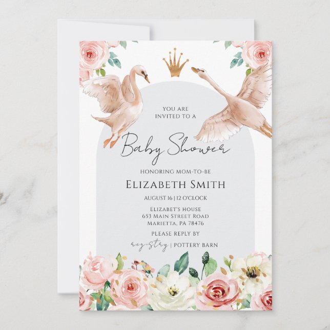Invitation Floral Swan Princess Baby Shower (Devant)