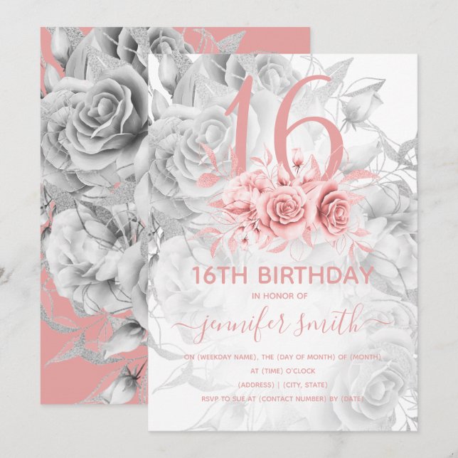 Invitation Floral Sweet 16th Girly Rose Gold & Silver (Devant / Derrière)