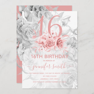 Invitation Floral Sweet 16th Girly Rose Gold & Silver