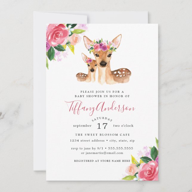 Invitation Floral Sweet Maman Et Baby Deer Baby shower (Devant)