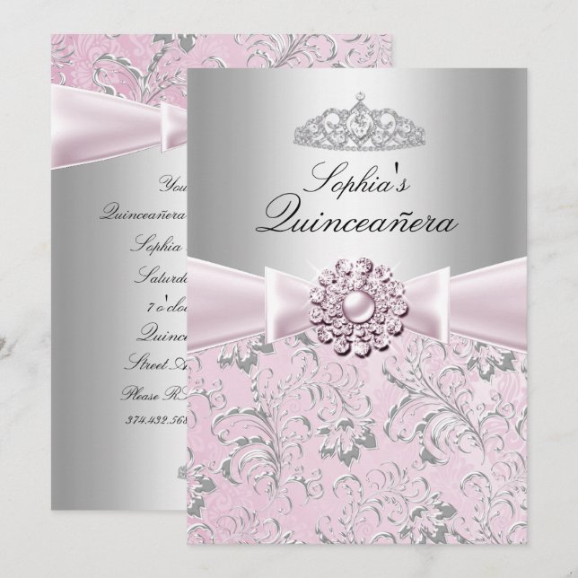Invitation Floral Swirl Tiara Quinceanera Annonces (Devant / Derrière)