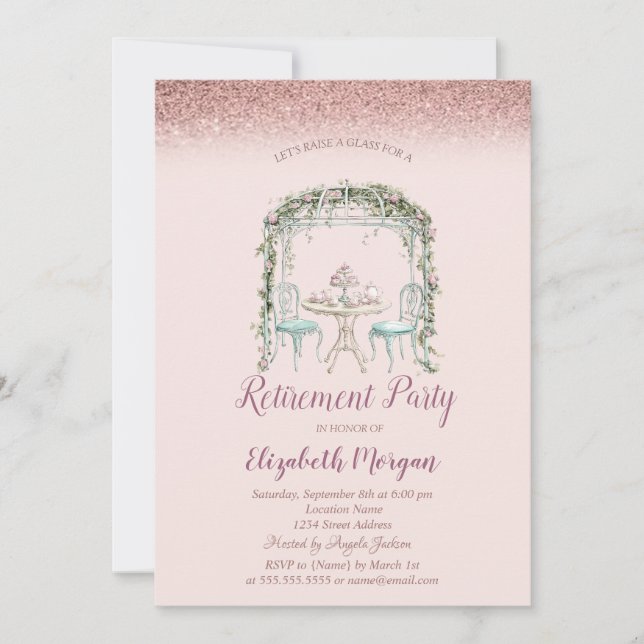 Invitation Floral Tea Cup Rose Gold Bokeh Retraite (Devant)
