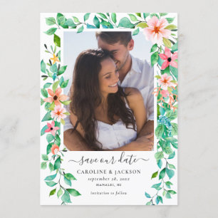 Invitation Floral Tropical Beach Photo Sauvez la date