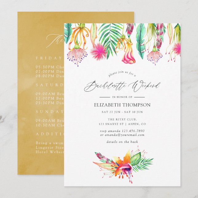 Invitation Floral Tropical Summer Bachelorette Week-end (Devant / Derrière)