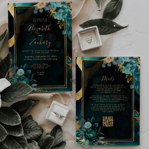 Invitation Floral Turquoise Agate Gold Frame QR Code Mariage