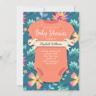 Invitation Floral Turquoise Coral rose Fleurs Baby shower