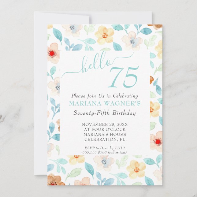 Invitation Floral Turquoise jaune 75e anniversaire (Devant)