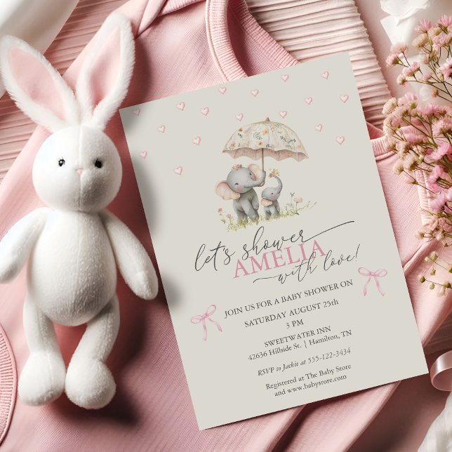 Invitation Floral Umbrella Elephant Baby Girl Shower (Floral Umbrella Elephant Baby Girl Shower Invitation)