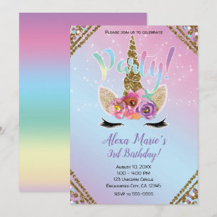 Invitation Floral Unicorn Horn Rainbow Sparkle fête d'anniver
