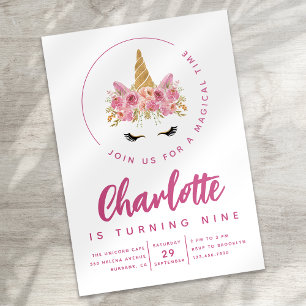Invitation Floral Unicorn Magique fête d'anniversaire