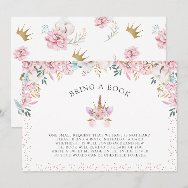 Invitation Floral Unicorn Princess Apportez un livre (Devant / Derrière)