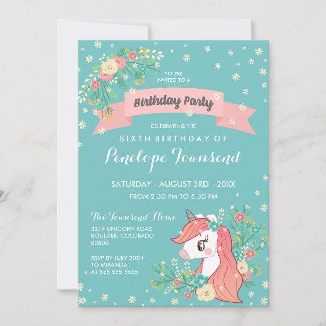 Invitation Floral Unicorn Turquoise Anniversaire (Devant)