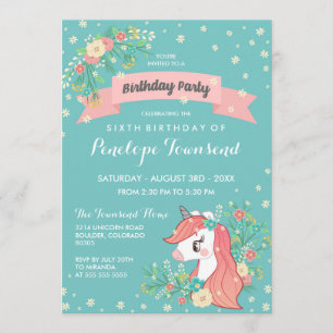 Invitation Floral Unicorn Turquoise Anniversaire
