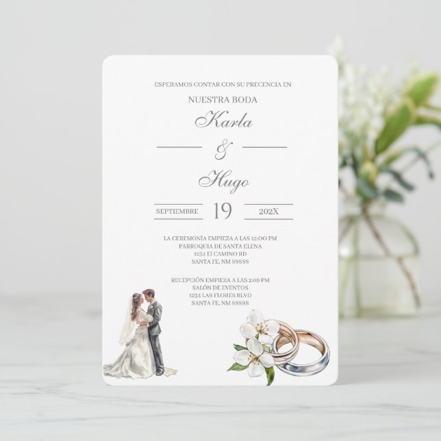 Invitation Floral verdoyant avec anneau Mariage espagnol (Debout devant)