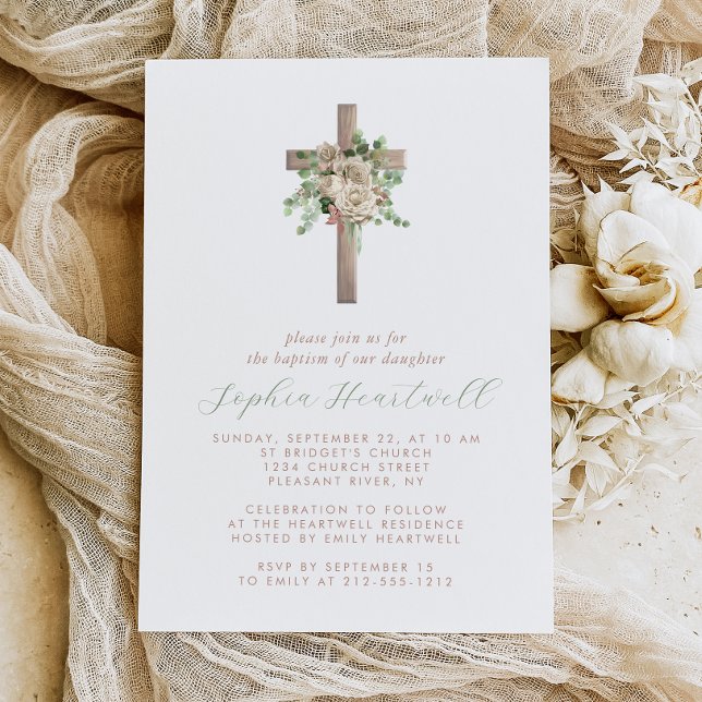 Invitation Floral verdure ivoire Rose Croix d'or Girl Baptême (Créateur téléchargé)