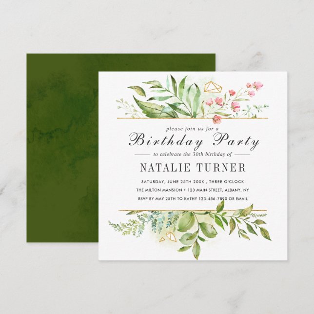 Invitation Floral Vert feuillage Aquarelle fête d'anniversair (Devant / Derrière)