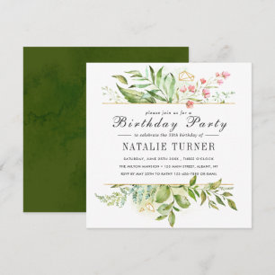 Invitation Floral Vert feuillage Aquarelle fête d'anniversair