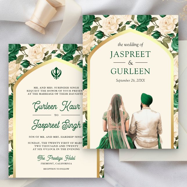 Invitation Floral vert Punjabi Anand Karaj Sikh Mariage (Créateur téléchargé)