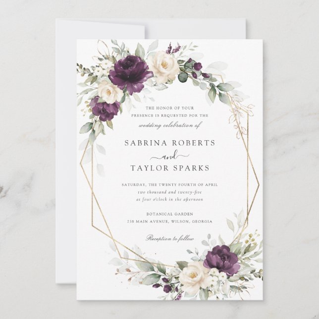 Invitation Floral violet blanc Plum vert Mariage or (Devant)