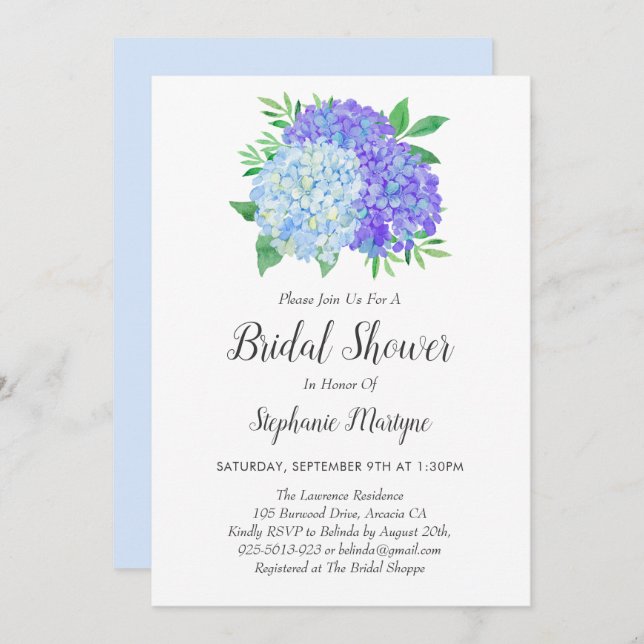 Invitation Floral violet bleu Hydrangea Bouquet Fête des mari (Devant / Derrière)