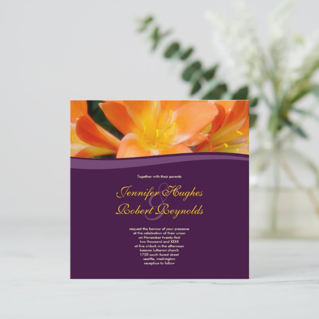 Invitation Floral violet et Mariage orange (Debout devant)