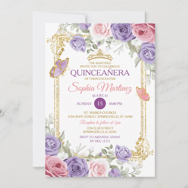Invitation Floral Violet Et Rose Couronne fille Quinceañera (Devant)