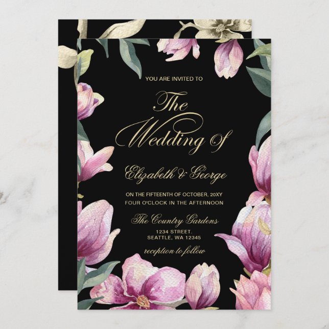 Invitation Floral violet mariage noir et or (Devant / Derrière)