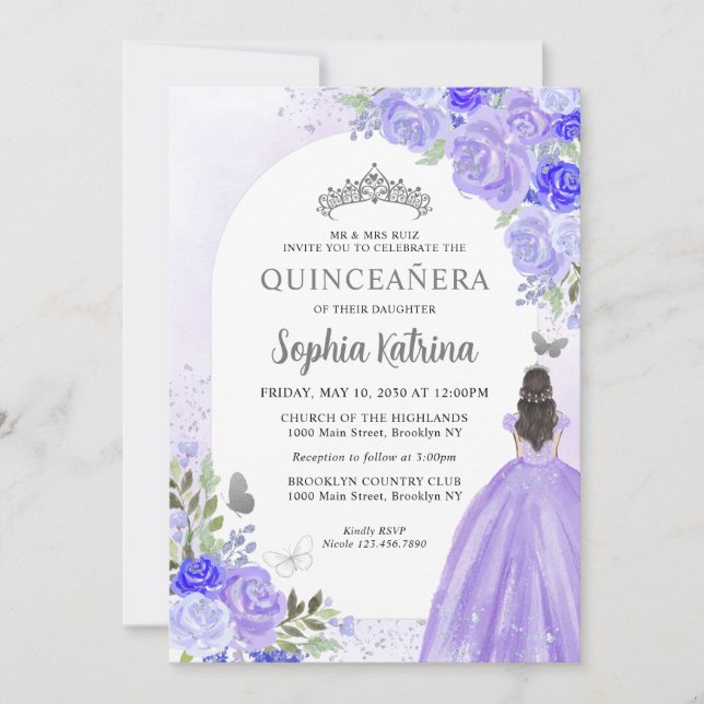 Invitation Floral Violet princesse Anniversaire Quinceanera (Devant)