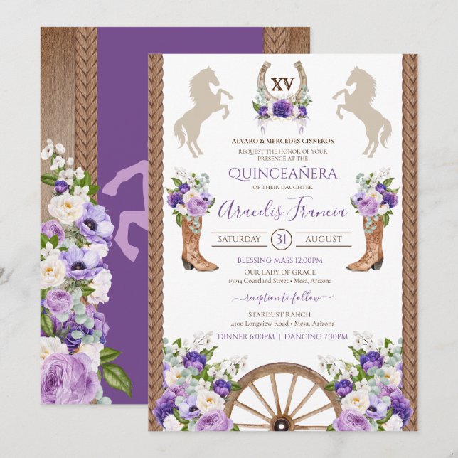Invitation Floral violet Rustique Ouest Charro Quinceanera (Devant / Derrière)