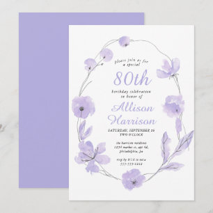 Invitation Floral Watercolor Lavender 80e fête d'anniversaire
