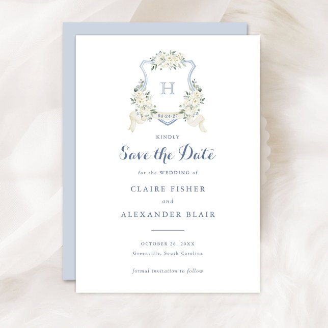 Invitation Floral White Dusty Blue Crest Save the Date (Créateur téléchargé)