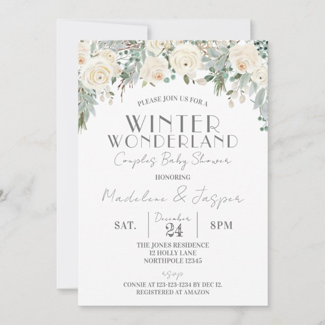 Invitation Floral Winter Wonderland, Baby shower Couples (Devant)