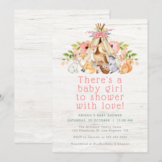Invitation Floral Woodland Animaux Camping Baby shower fille (Devant / Derrière)