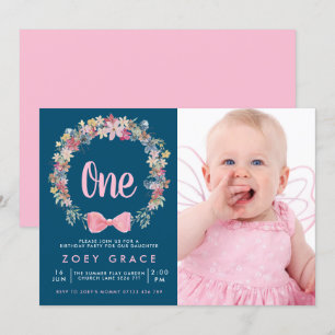 Invitation Floral Wreath & Bow Girl's 1st Birthday Photo