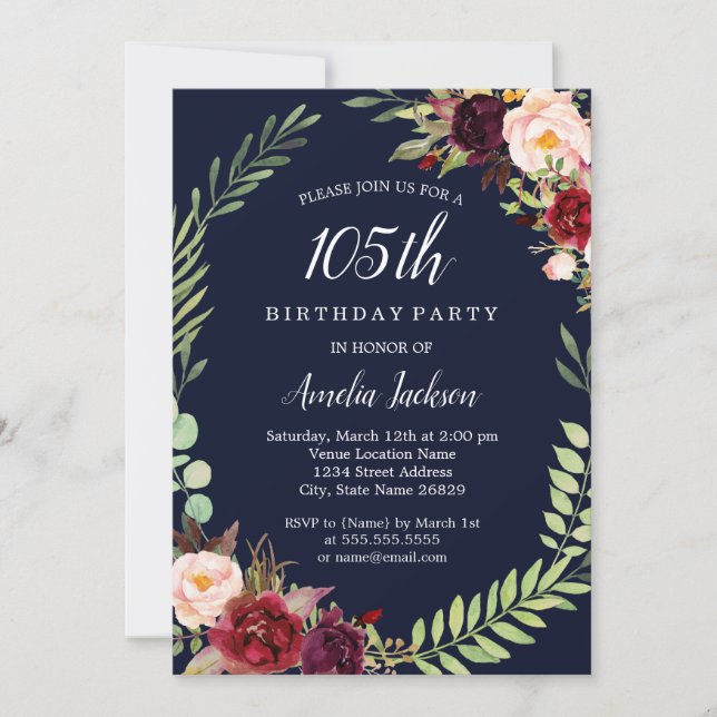 Invitation Floral Wreath Burgundy Navy 105e anniversaire (Devant)