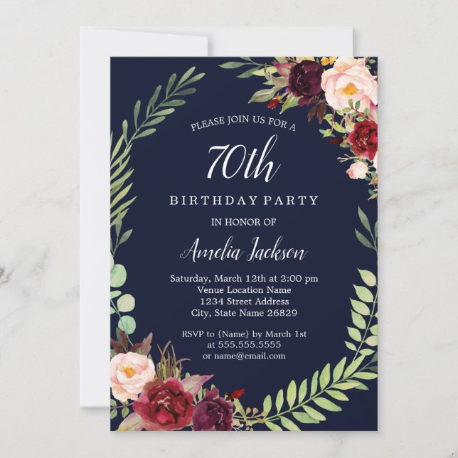 Invitation Floral Wreath Burgundy Navy 70e anniversaire (Devant)