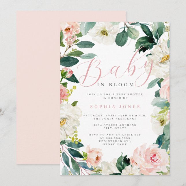 Invitation Floral Wreath Girl Baby in Bloom Baby shower (Devant / Derrière)