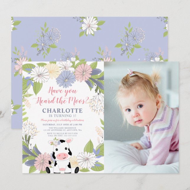 Invitation Floral Wreath Girl Vache 1er anniversaire Photo (Devant / Derrière)