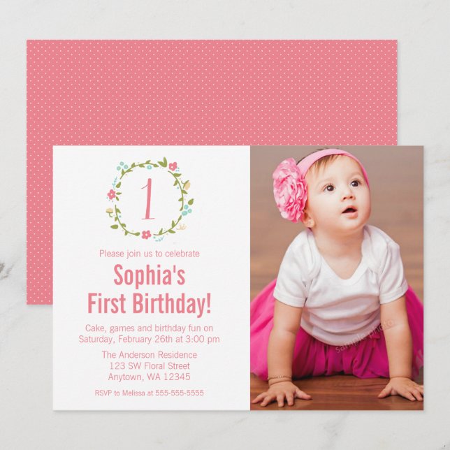 Invitation Floral Wreath Photo Girl 1er anniversaire (Devant / Derrière)