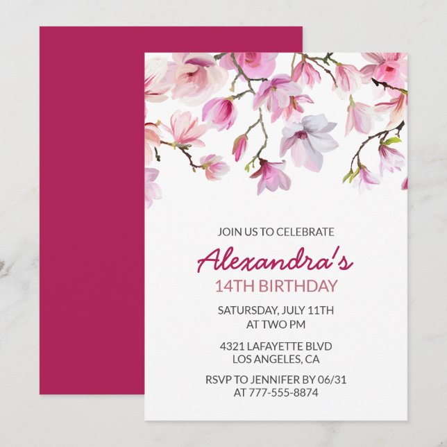 Invitation Florale 14e anniversaire Aquarelle rose (Devant / Derrière)