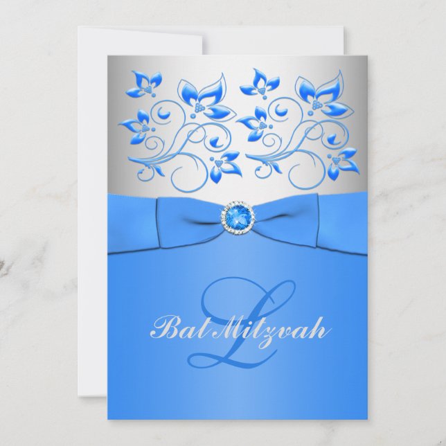 Invitation florale argentée bleue de bat mitzvah (Devant)