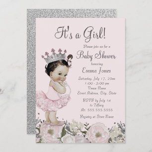 Invitation florale argentée rose de princesse baby