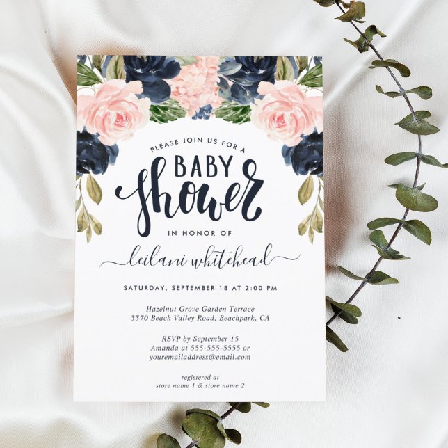 Invitation florale baby shower Rose Navy (Créateur téléchargé)