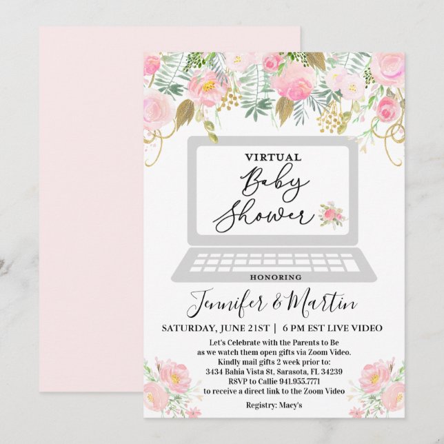 Invitation Florale Baby shower Virtuel (Devant / Derrière)