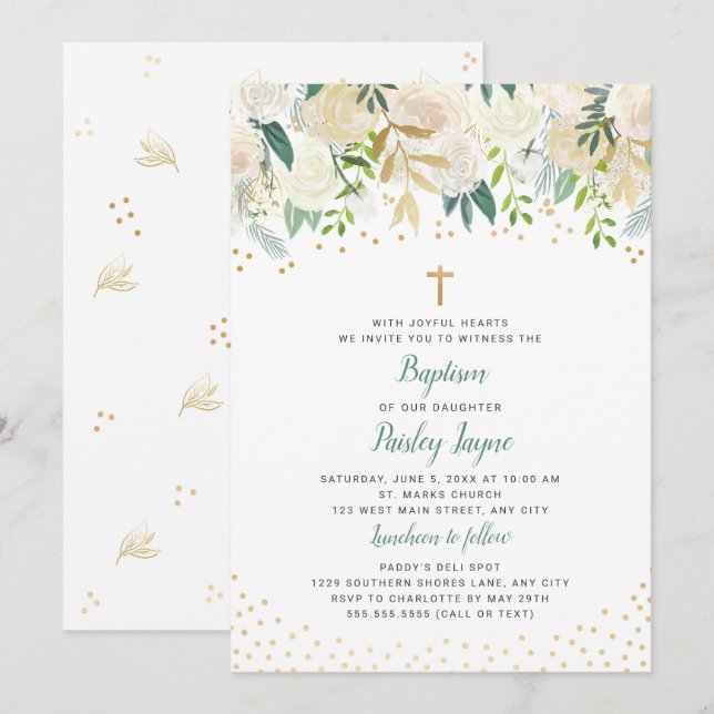 Invitation florale blanche de baptême de confettis (Devant / Derrière)