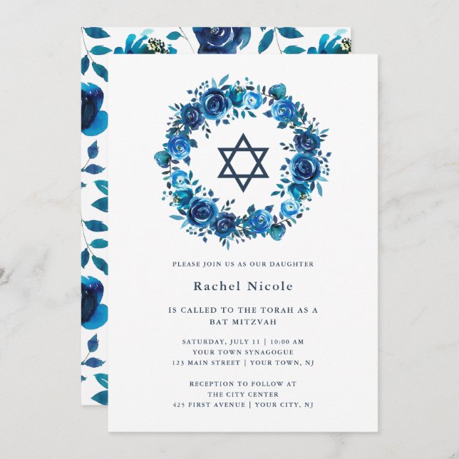 Invitation Florale Bleue et étoile de David| Bat mitzvah (Devant / Derrière)