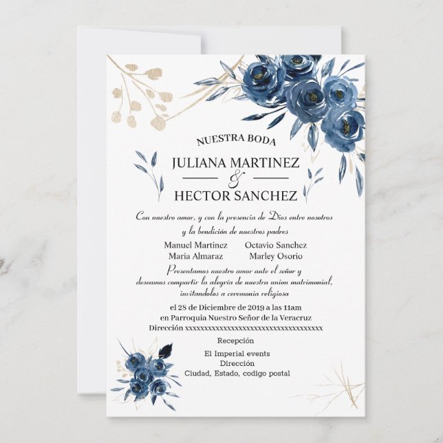 Invitation Florale Bleue et Or (Español) (Devant)