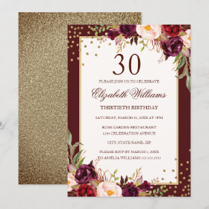 Invitation florale bordeaux doré pour 30e annivers