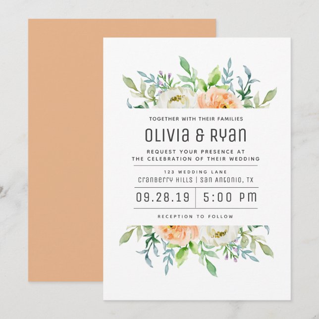 Invitation florale cadre vert pastel orange (Devant / Derrière)